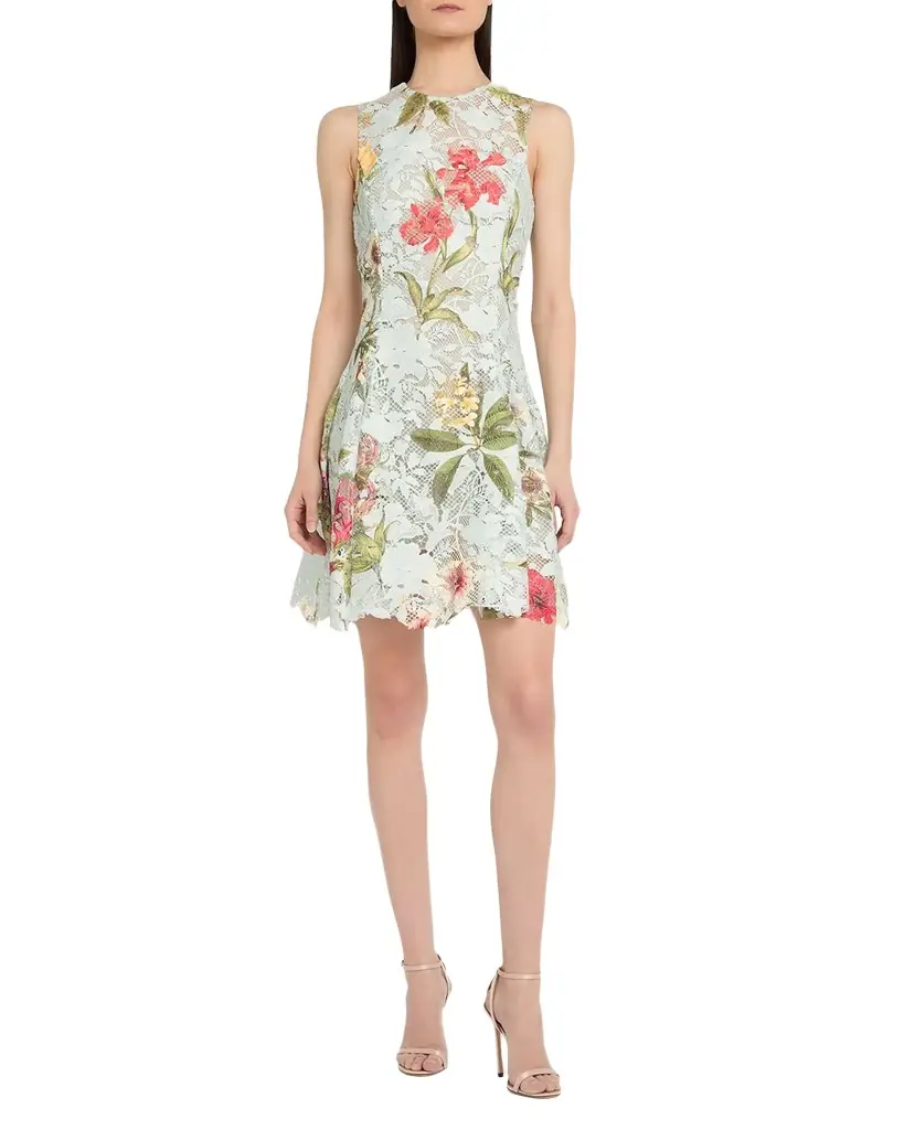 Oscar de la Renta Chine Multi Floral-Print Guipure Lace Mini Dress