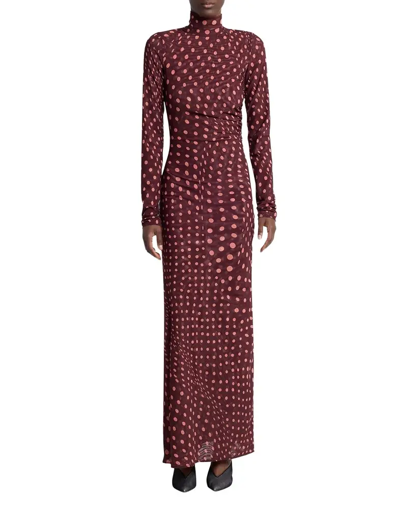 Stella McCartney Turtleneck Polka Dot Mesh Long-Sleeve Maxi Dress