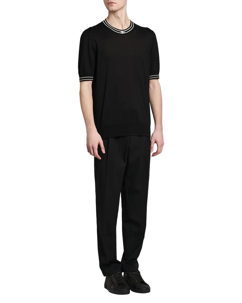 Dolce & Gabbana Men 's Nero Silk Knit Ribbed-Logo Trim Crewneck T-Shirt