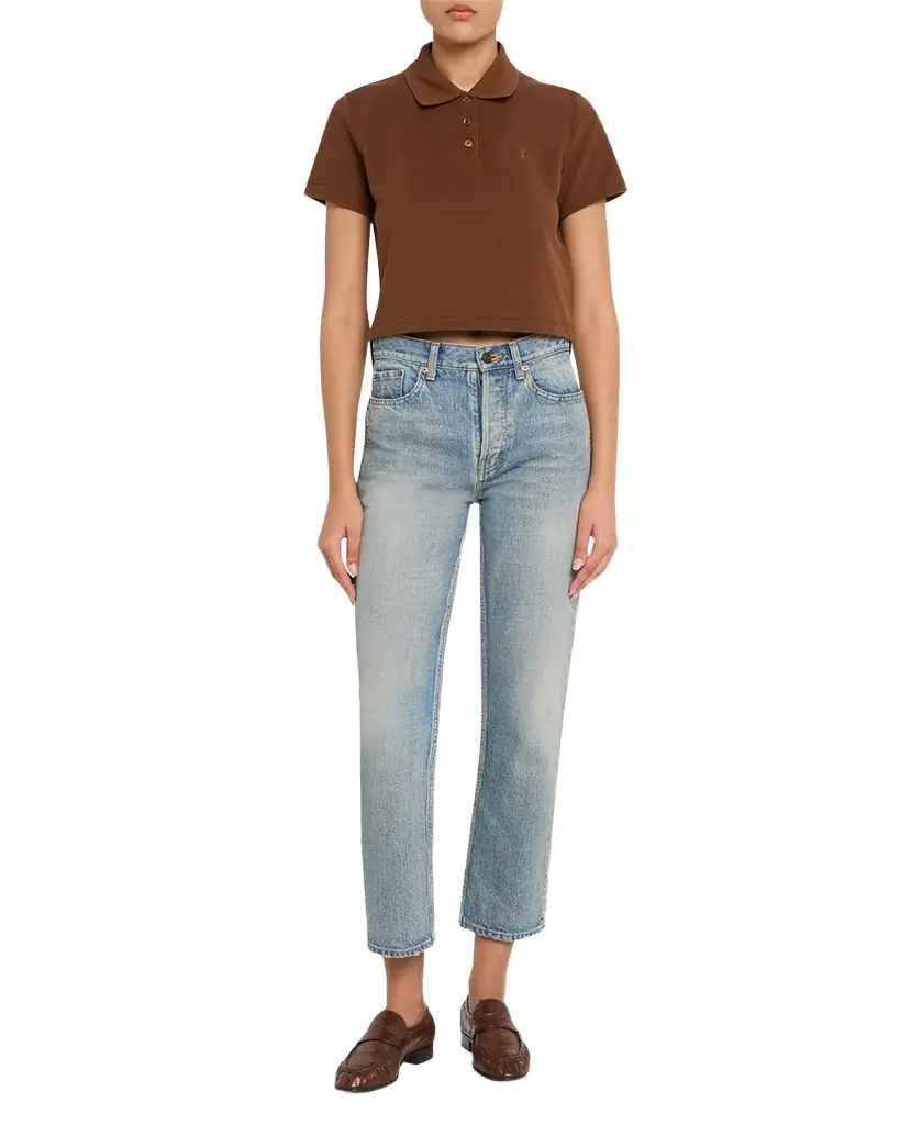 Saint Laurent YSL Cotton Pique Crop Polo Shirt