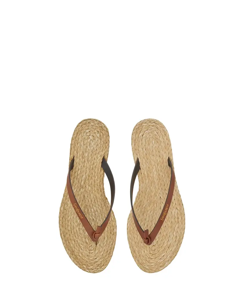 Yves Saint Laurent POOL flip-flops in smooth leather and raffia - Women's Shoes