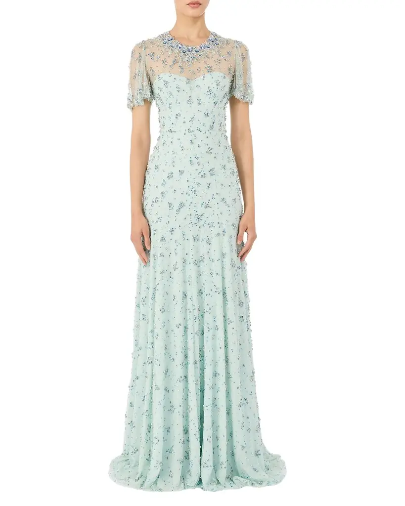 Jenny Packham Ambiance Embellished Flutter-Sleeve Trumpet Gown