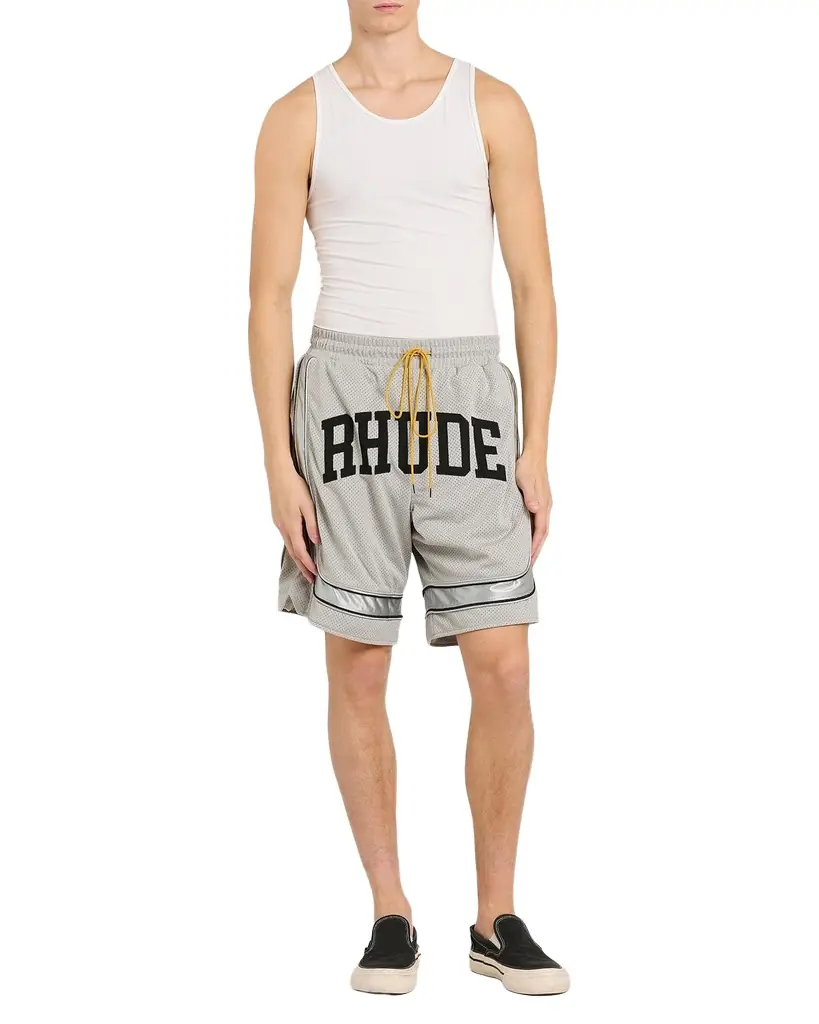 Rhude Men 's Baggy Mesh Collegiate Logo Drawstring Shorts