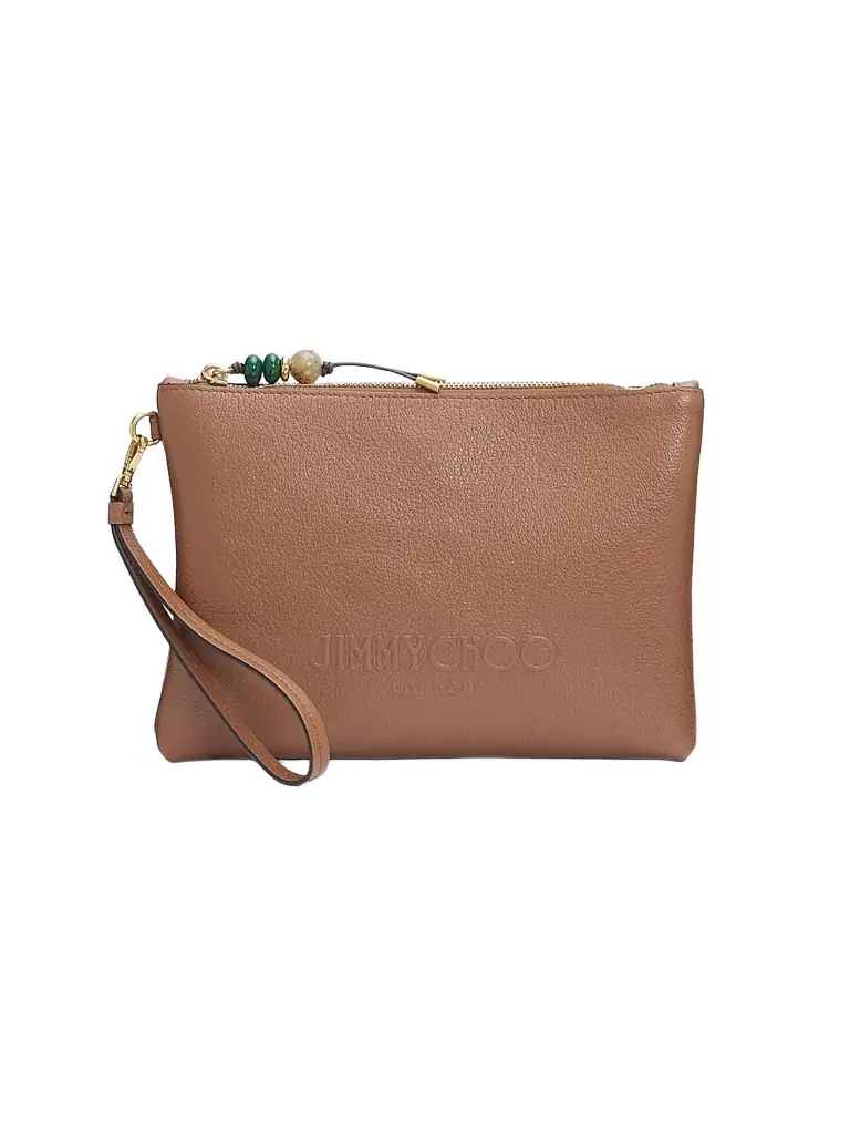 Jimmy Choo Women's Pebbled Leather Zip Flat Pouch - Tan Light Gold