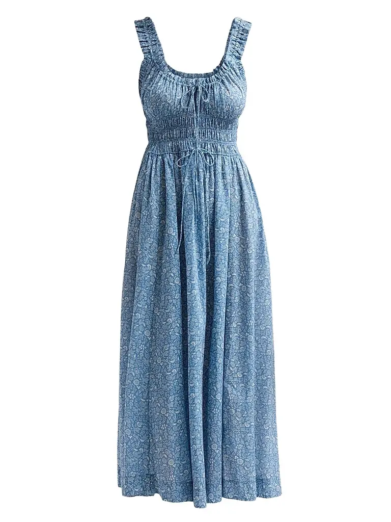 DÔEN Women's Emmaretta Floral Cotton Midi Dress - Blue Garden Bloom