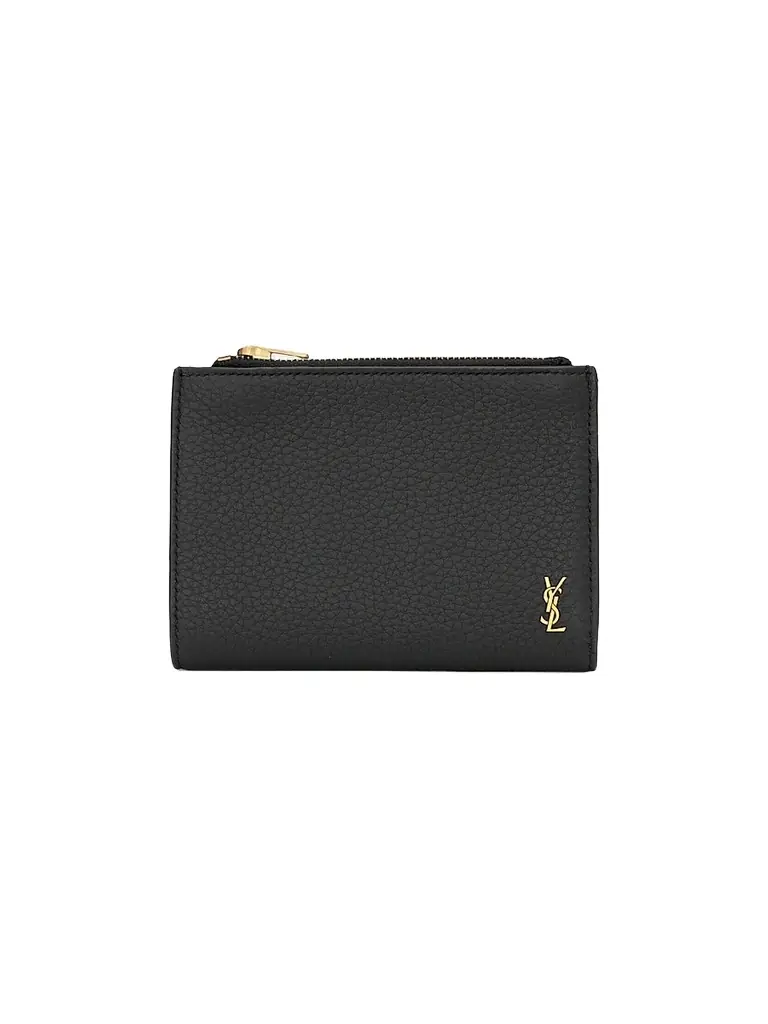 Saint Laurent Men's Tiny Cassandre Bi-Fold Wallet in Grained Leather - Black - Women's Clothing