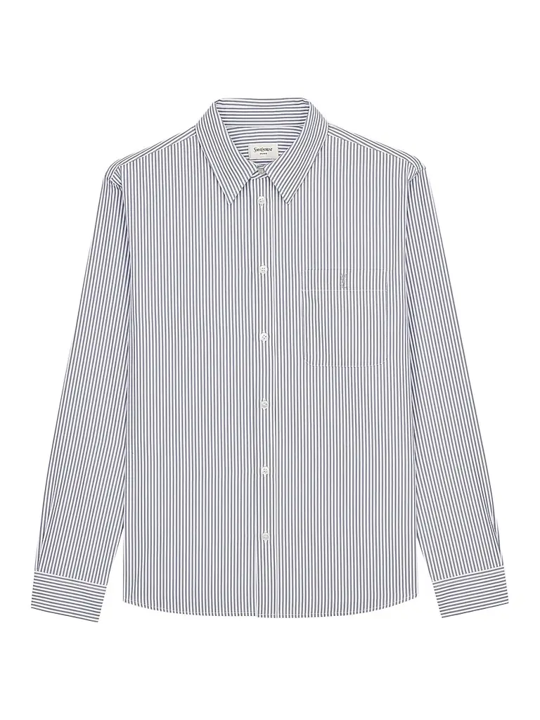 Saint Laurent Women's Cassandre Shirt in Striped Cotton Poplin - Blanc Gris