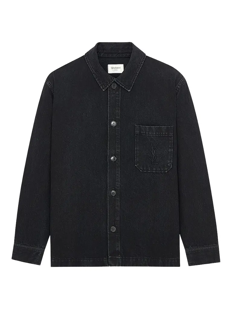 Saint Laurent Men's Cassandre Overshirt in Cotton Linen Gabardine - Black Sand - Women's Clothing