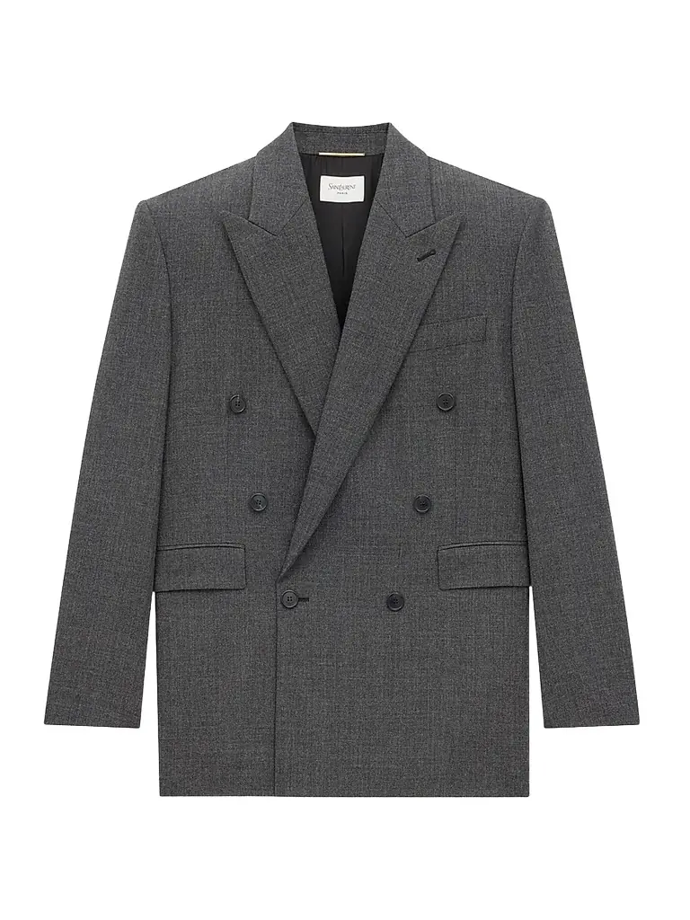 Saint Laurent Women's Double-Breasted Long Jacket in Wool - Gris Chine - Women's Clothing