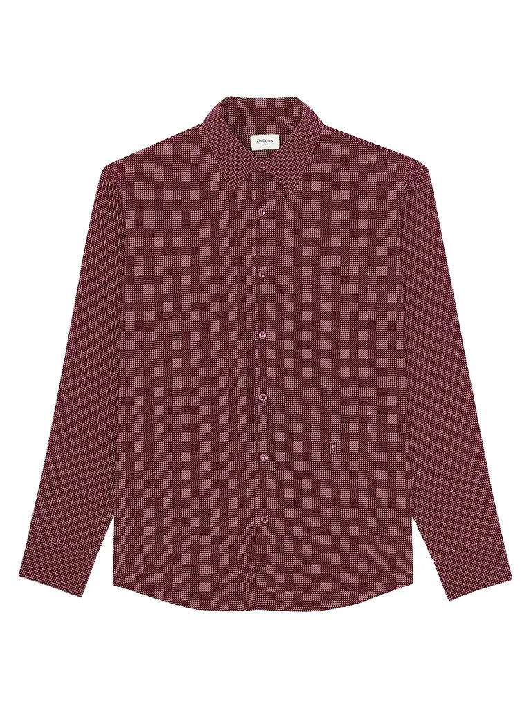 Saint Laurent Men's Cassandre Dotted Shirt in Crepe De Chine - Bordeaux Craie