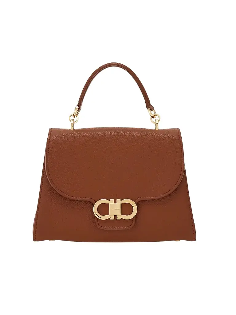 FERRAGAMO Women's Double Gancini Leather Top Handle Bag - New Cognac - Women's Bags