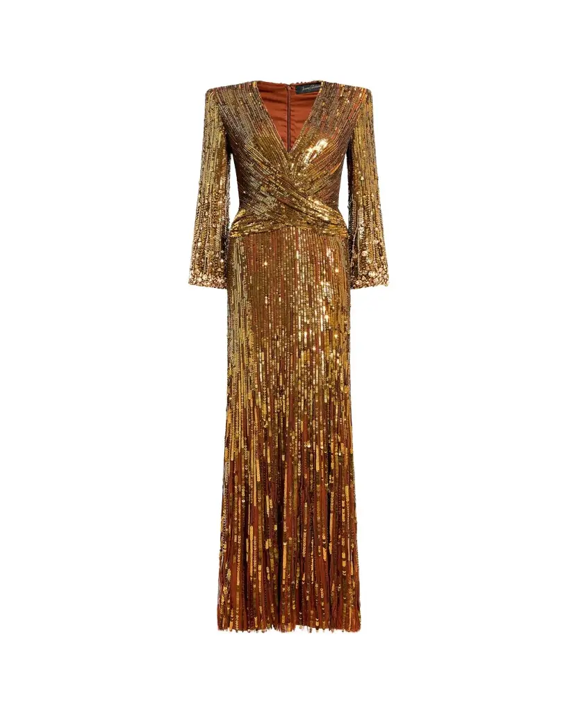 Jenny Packham Cosmos Long-Sleeve V-Neck Sequin Gown
