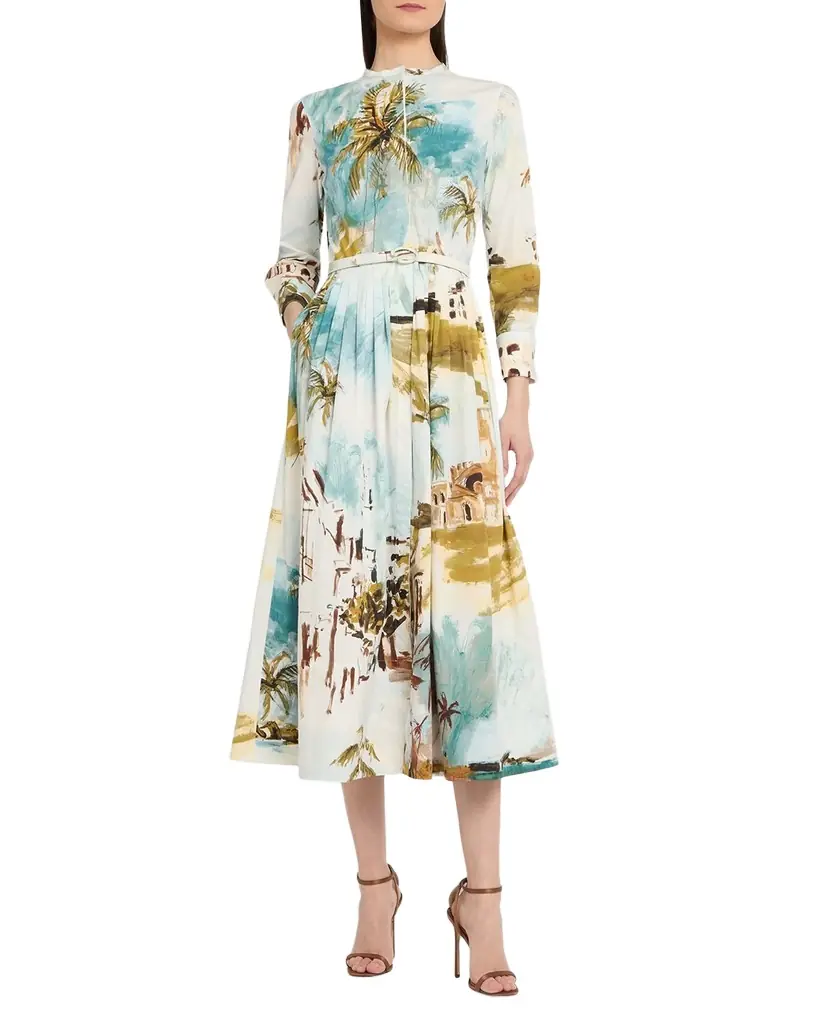 Oscar de la Renta Long-Sleeve Landscape-Print Cotton Poplin Midi Shirtdress With Belt