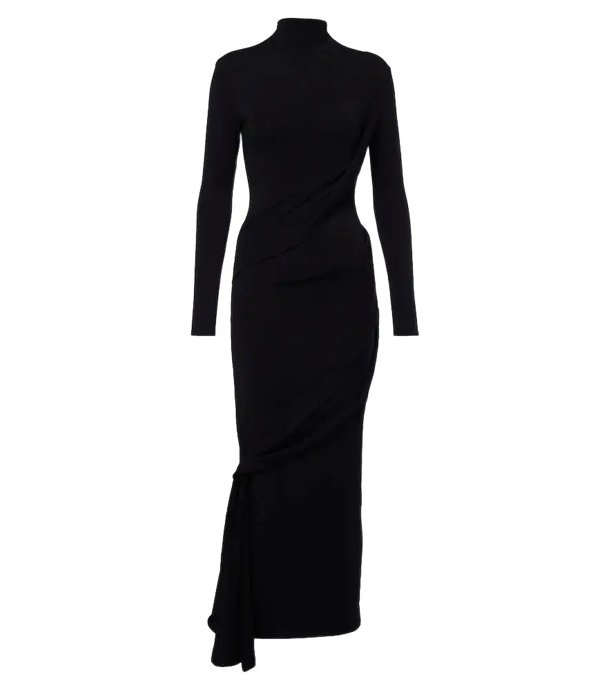 Mugler Draped wool-blend jersey midi dress