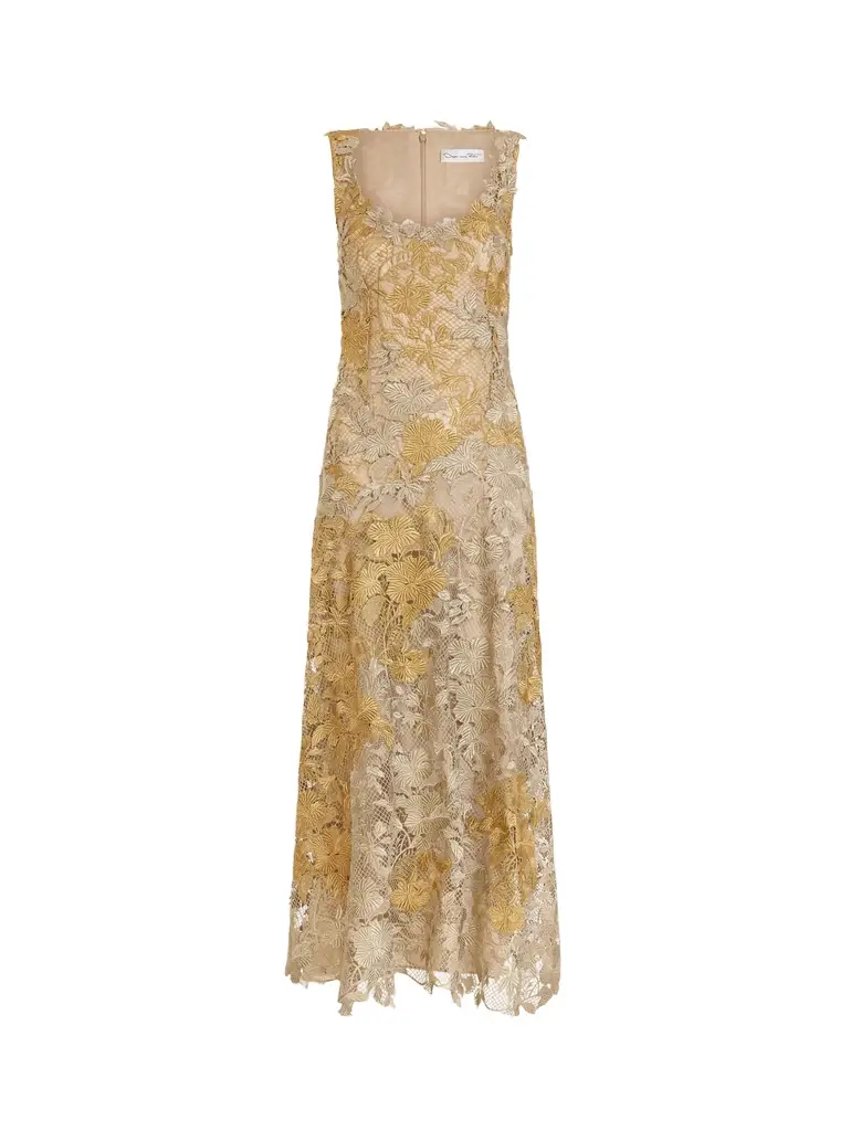 Oscar de la Renta Hibiscus Metallic Guipure Cocktail Dress - Women's Clothing