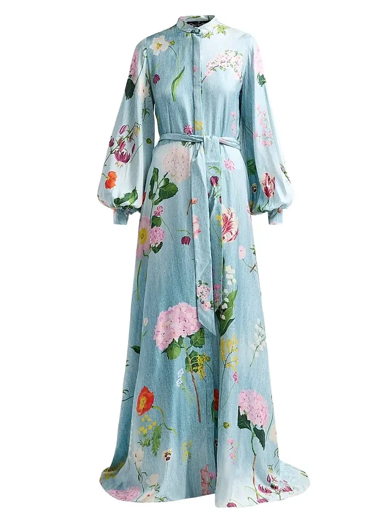 Oscar de la Renta Women's Mixed Botanical Silk Twill Caftan Dress - Blue Multi - Women's Clothing