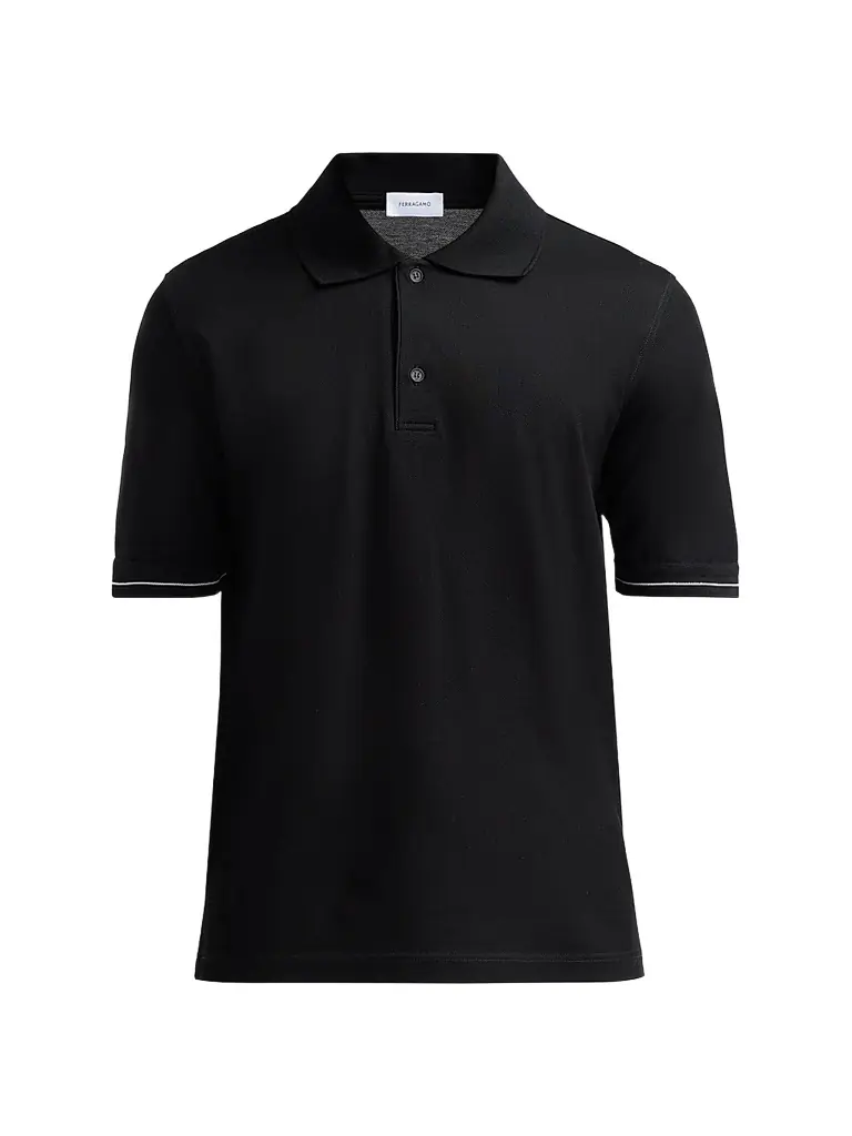 FERRAGAMO Men's Cotton Pique Short-Sleeve Polo Shirt - Black White - Women's Clothing