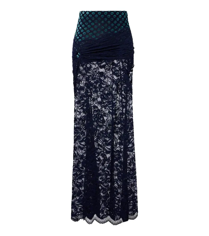 Rabanne Gathered lace and velvet maxi skirt