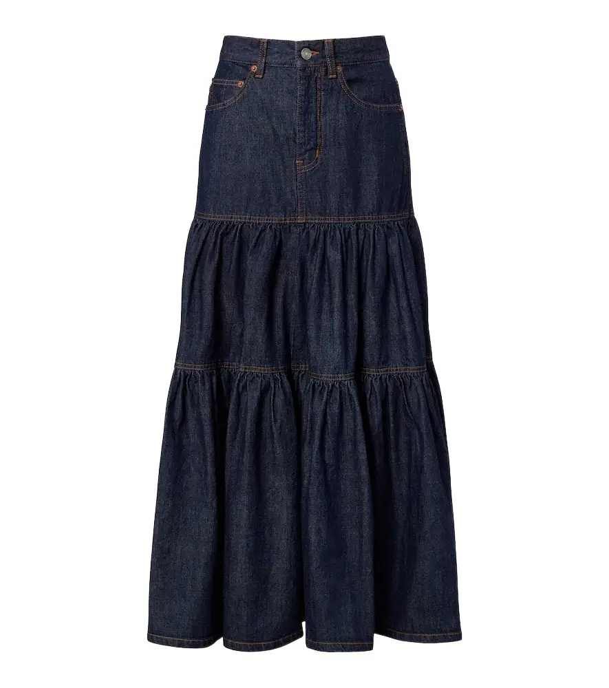 Saint Laurent Tiered denim maxi skirt