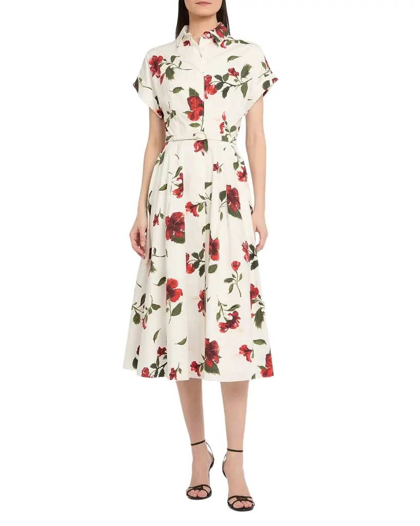 Oscar de la Renta Short-Sleeve Hibiscus Cotton Poplin Midi Shirtdress With Belt - Women's Clothing