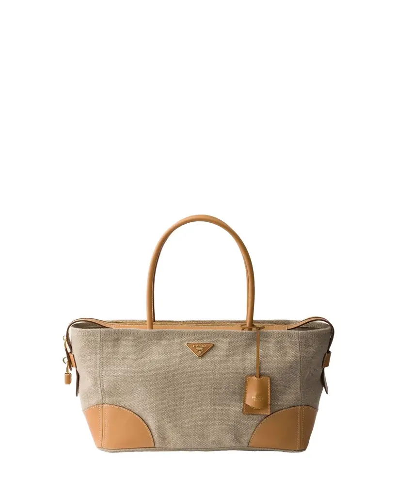 Prada Large Linen & Leather Tote Bag - Women's Bags