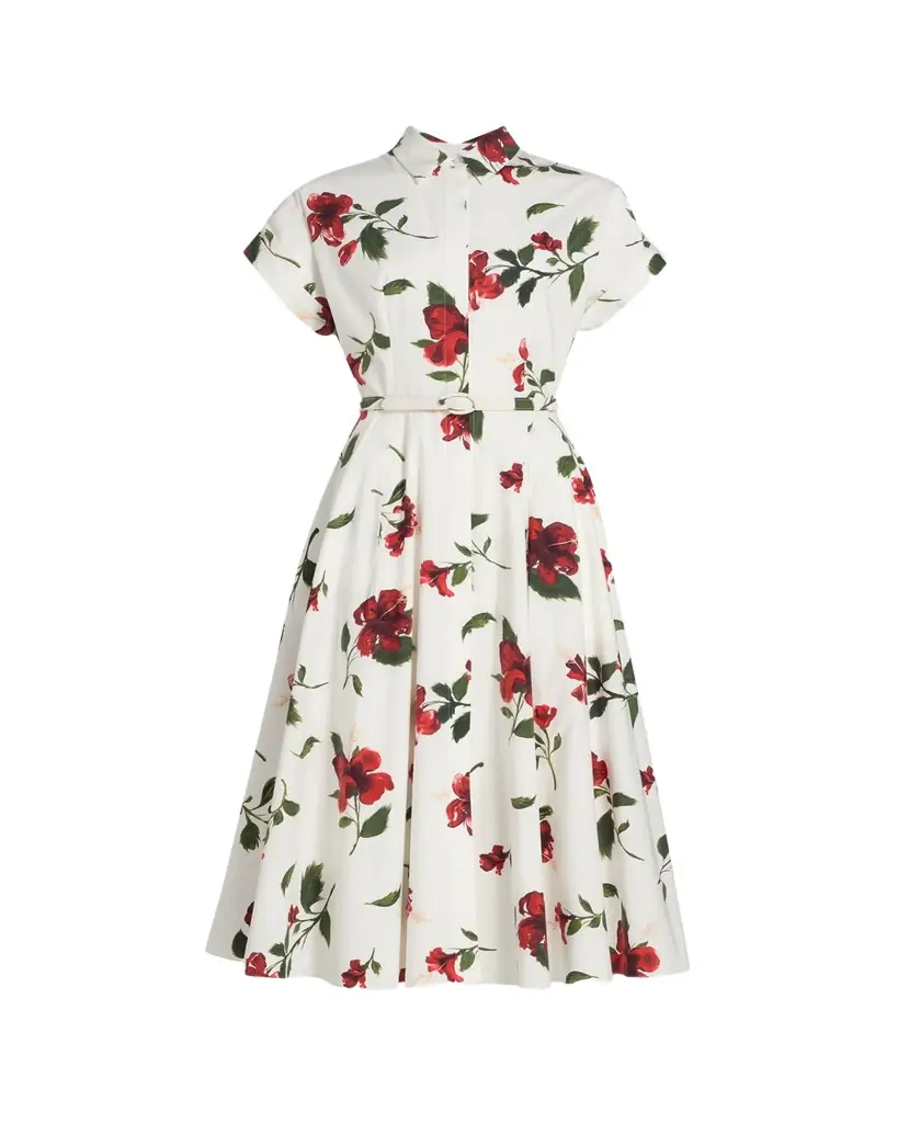 Oscar de la Renta Short-Sleeve Hibiscus Cotton Poplin Midi Shirtdress With Belt - Women's Clothing