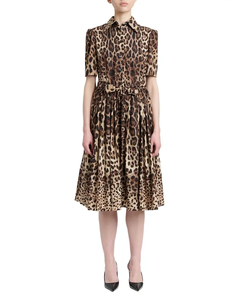Dolce & Gabbana Short-Sleeve Leopard Cotton Poplin Pleated Midi Shirtdress - Women's Clothing