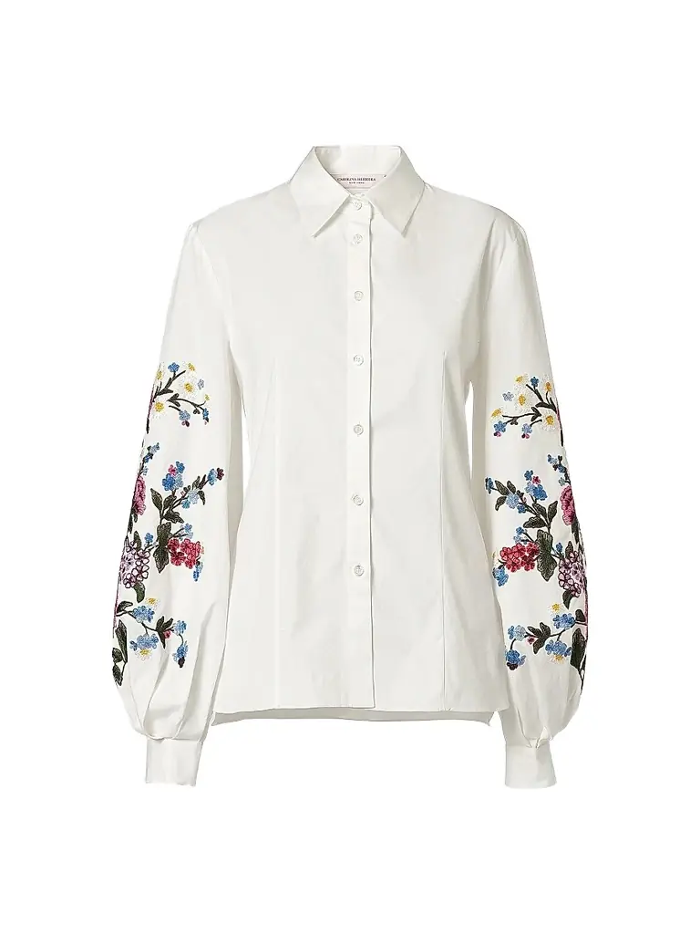 Carolina Herrera Women's Floral-Embroidered Cotton Shirt - White - Women's Clothing