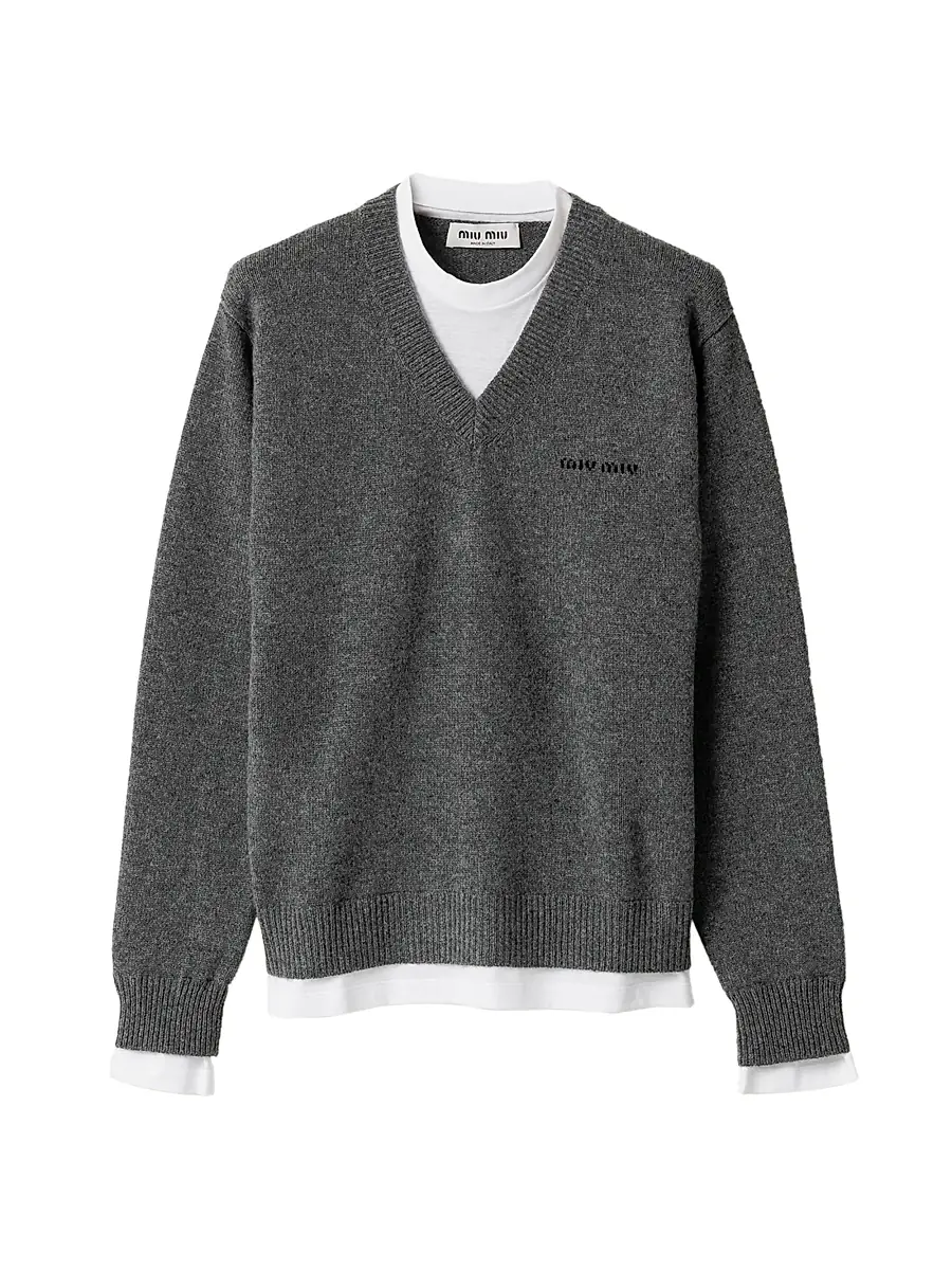 Miu Miu Women's Cashmere V-Neck Sweater - Grey - Women's Clothing